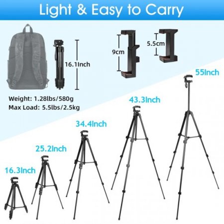 55 inches Camera Tripod Extendable Travel Tripod for Phone Adjustable Phone Holder for Video Recording Music Stand Projector Tripod