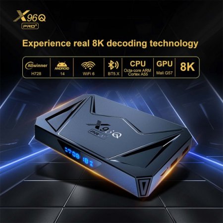 Android TV Box 14.0 X96Q pro+ 4GB RAM 32GB ROM Android 14 Box,CPUAllwinner H728 &Mali G57-MC1 Chipset Android Box,4K Streaming Media Player Resolution Support 2.4G/5.8G Dual WiFi and Bluetooth 5.0 Smart Tv Box