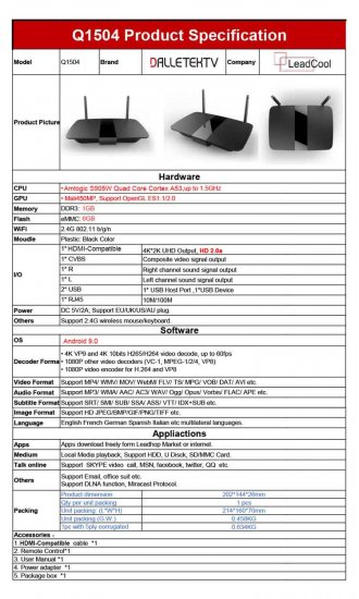 Android 9.0 Leadcool Q1504 TV BOX 1GB 8GB/ 2GB 16GB S905W Cortex A53 Quad-Core Smart Receivers