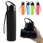 Collapsible Water Bottles, 20oz Silicone Reusable Water Bottle with Straw and Strap, Leakproof Foldable Sports Water Bottle for Travel Camping Running Hiking Gym, BPA Free