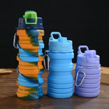 Collapsible Water Bottles 16 oz Portable Foldable Water Bottles Silicone Leak Proof Travel Water Bottle Reusable Sports Water Bottle with Metal Clip for Camping Hiking Travel (Colorful)