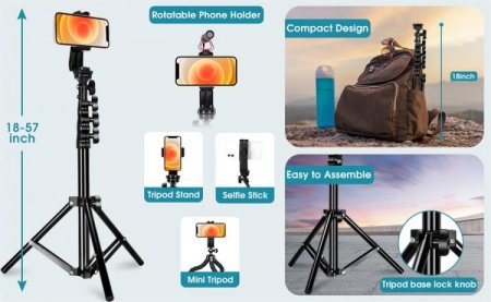 Phone Tripod & Selfie Stick, Extendable Cell Phone Tripod Stand with Wireless Remote Lightweight for All iPhone/Android Smartphone/GoPro/Camera