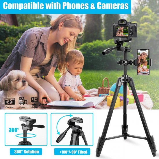 55 inches Camera Tripod Extendable Travel Tripod for Phone Adjustable Phone Holder for Video Recording Music Stand Projector Tripod